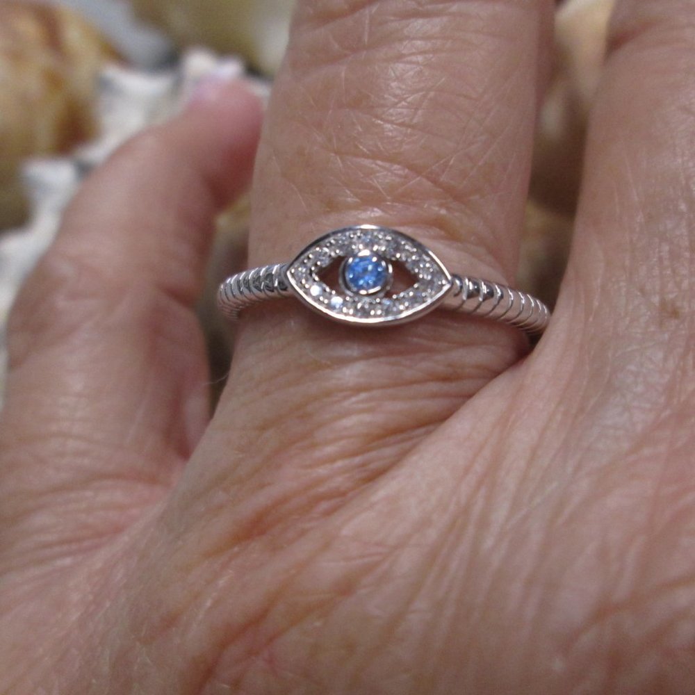 925 Sterling Silver Aquamarine EVIL EYE Ring> Sparkling CZ's> Minimalist Design